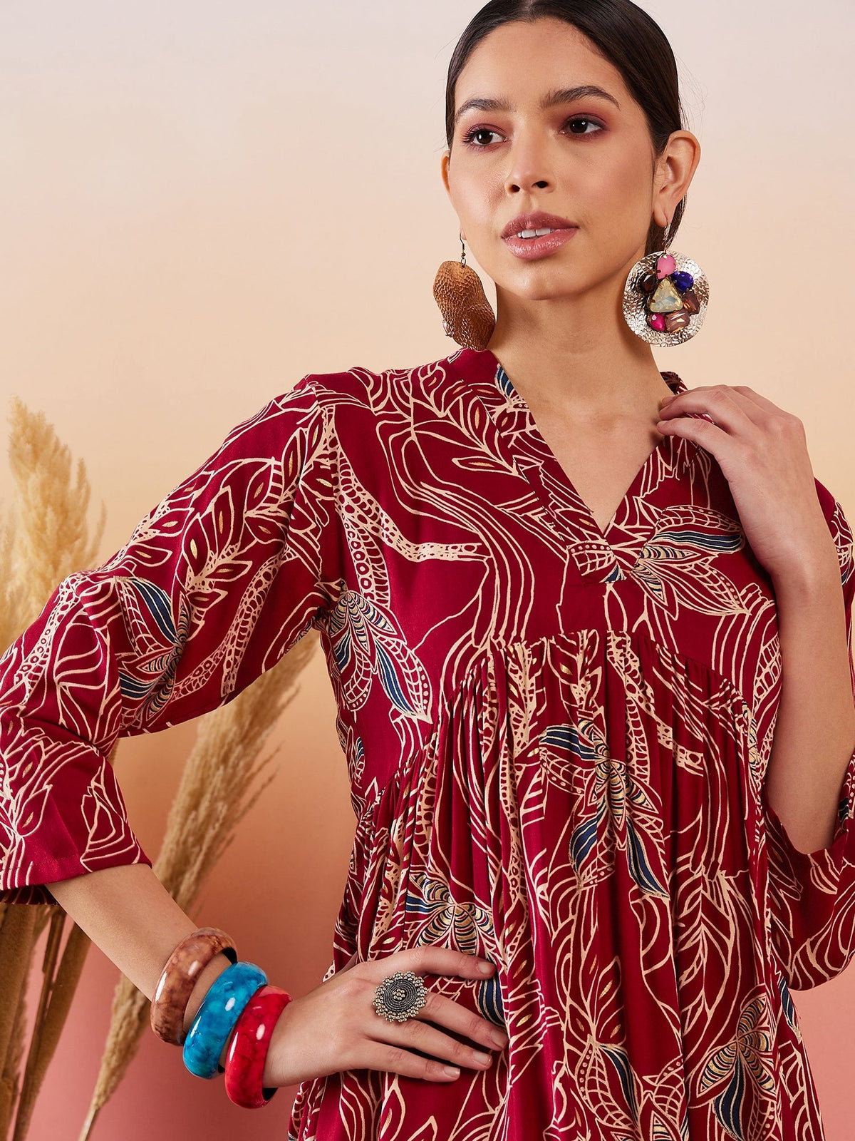 InWeave Maroon Beige Blue Print Deep V Neck Flared Dress