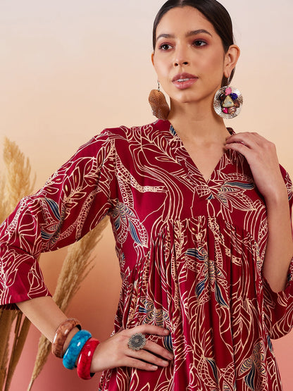 InWeave Maroon Beige Blue Print Deep V Neck Flared Dress