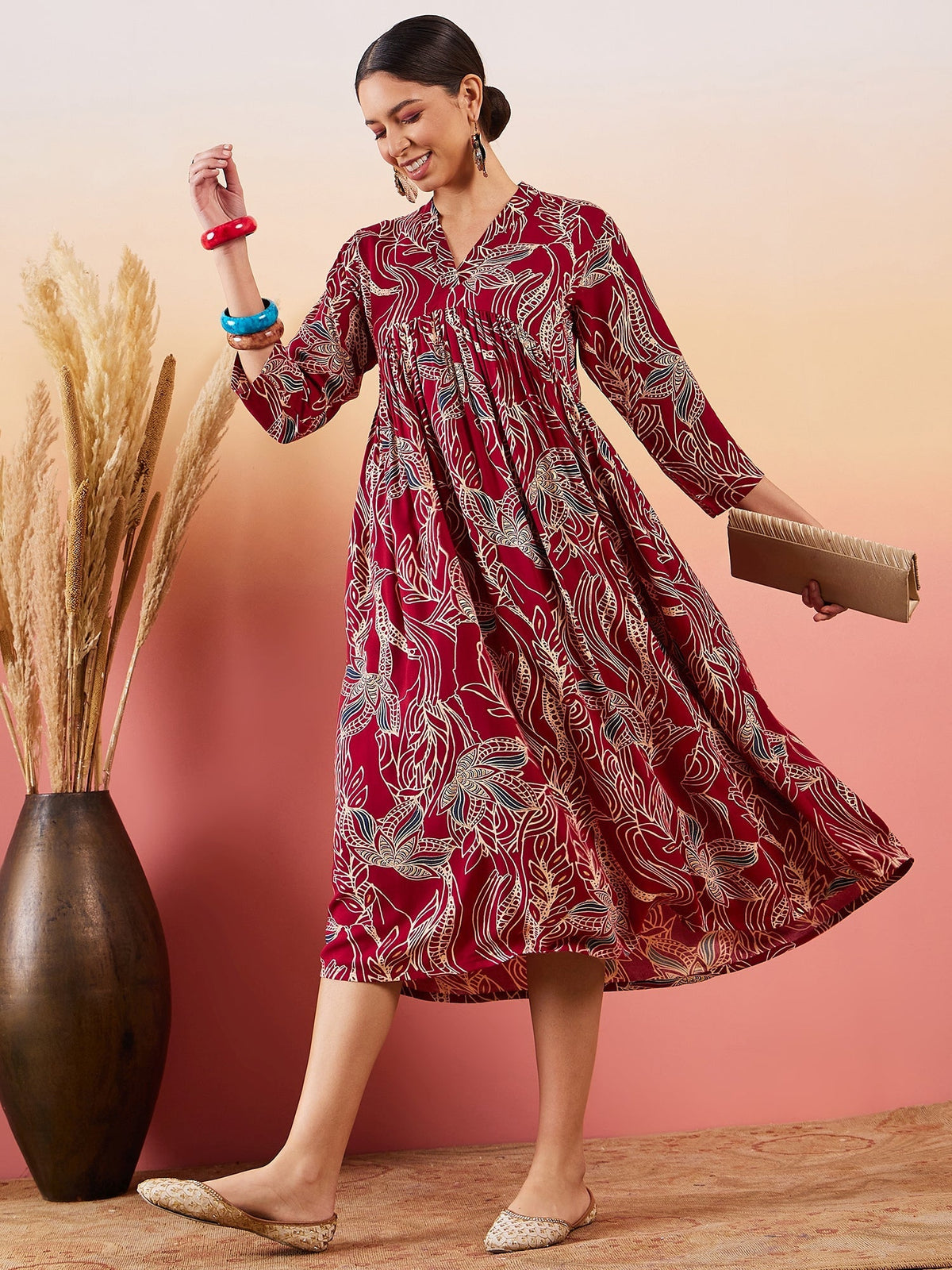 InWeave Maroon Beige Blue Print Deep V Neck Flared Dress