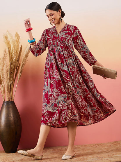 InWeave Maroon Beige Blue Print Deep V Neck Flared Dress