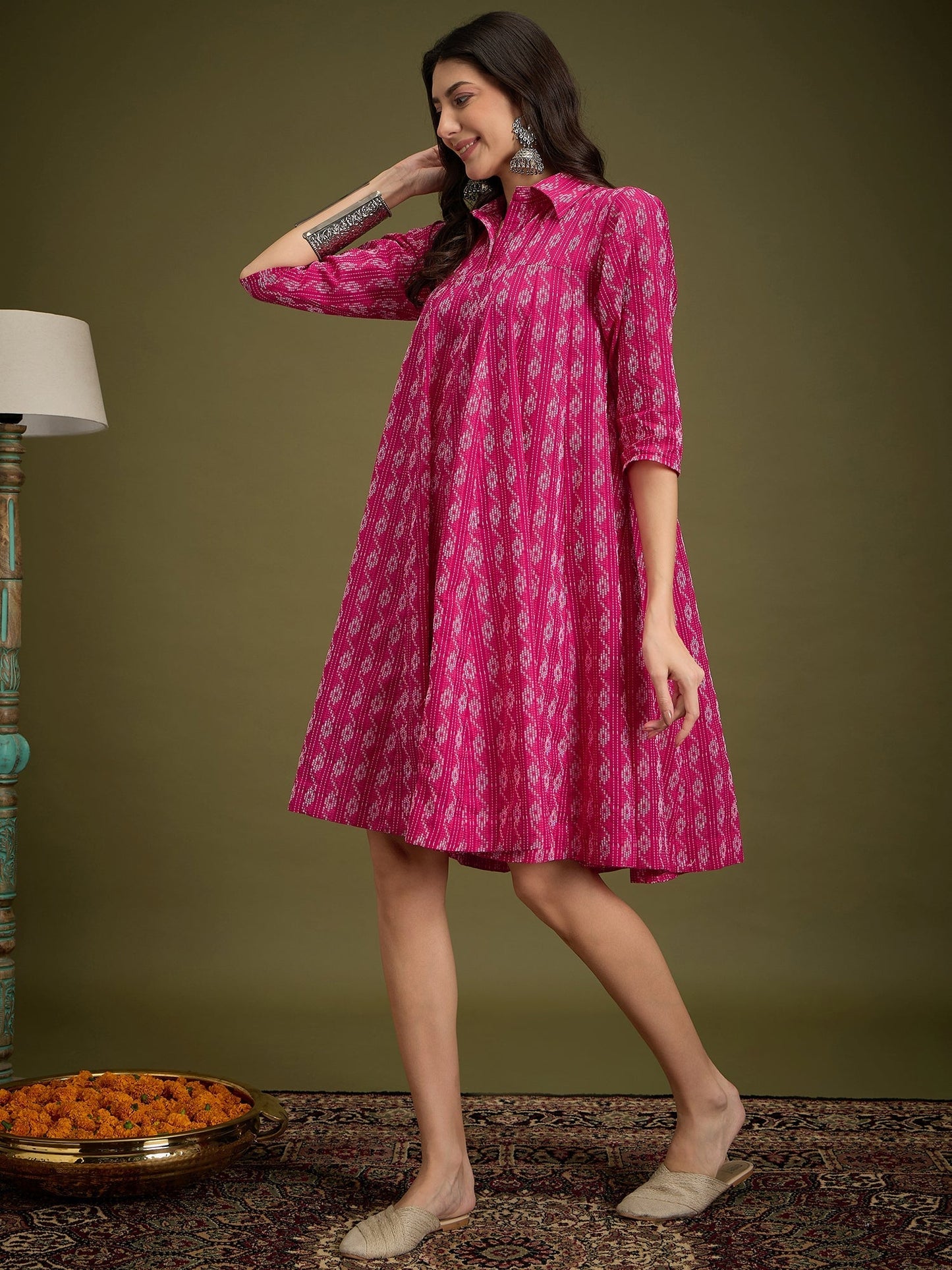 InWeave Fuchsia Ikkat Kantha Collar Flared Dress