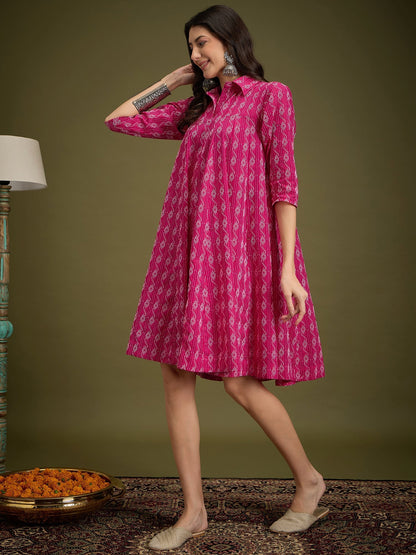 InWeave Fuchsia Ikkat Kantha Collar Flared Dress