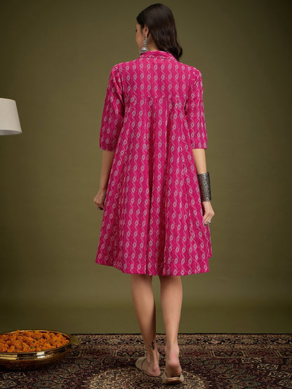 InWeave Fuchsia Ikkat Kantha Collar Flared Dress