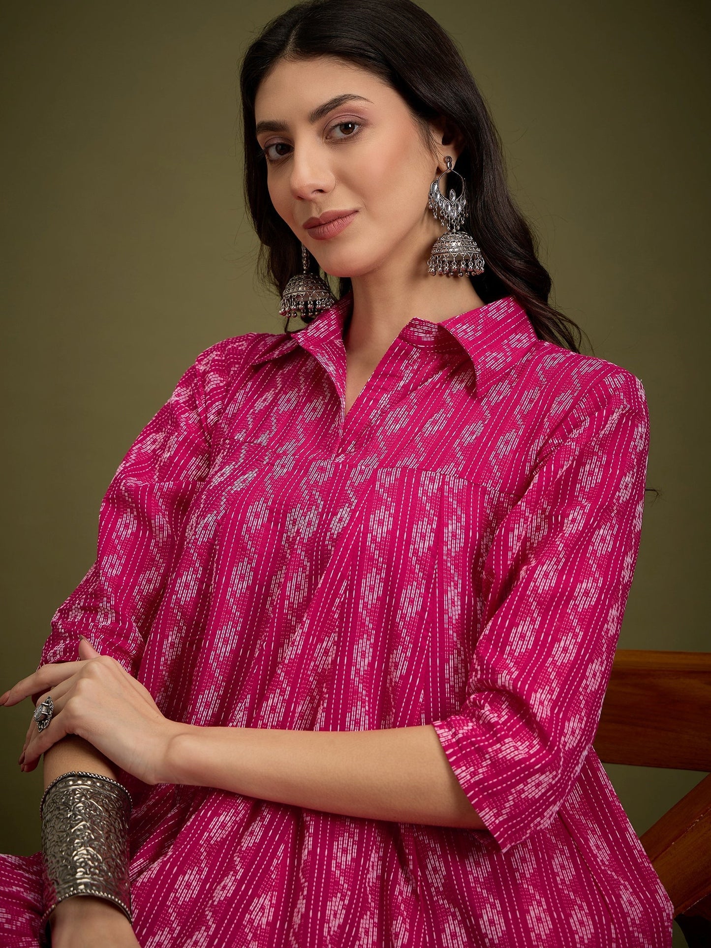 InWeave Fuchsia Ikkat Kantha Collar Flared Dress