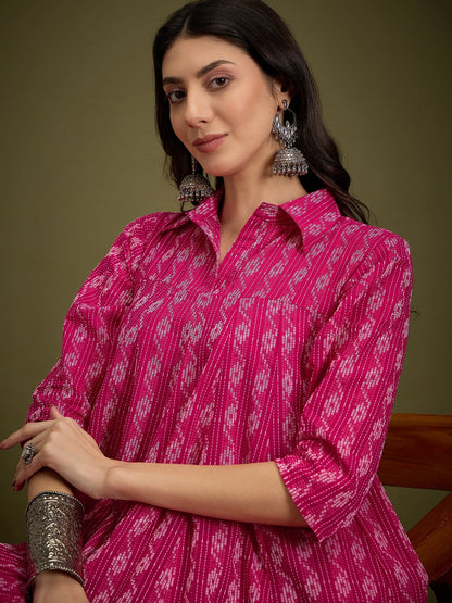InWeave Fuchsia Ikkat Kantha Collar Flared Dress