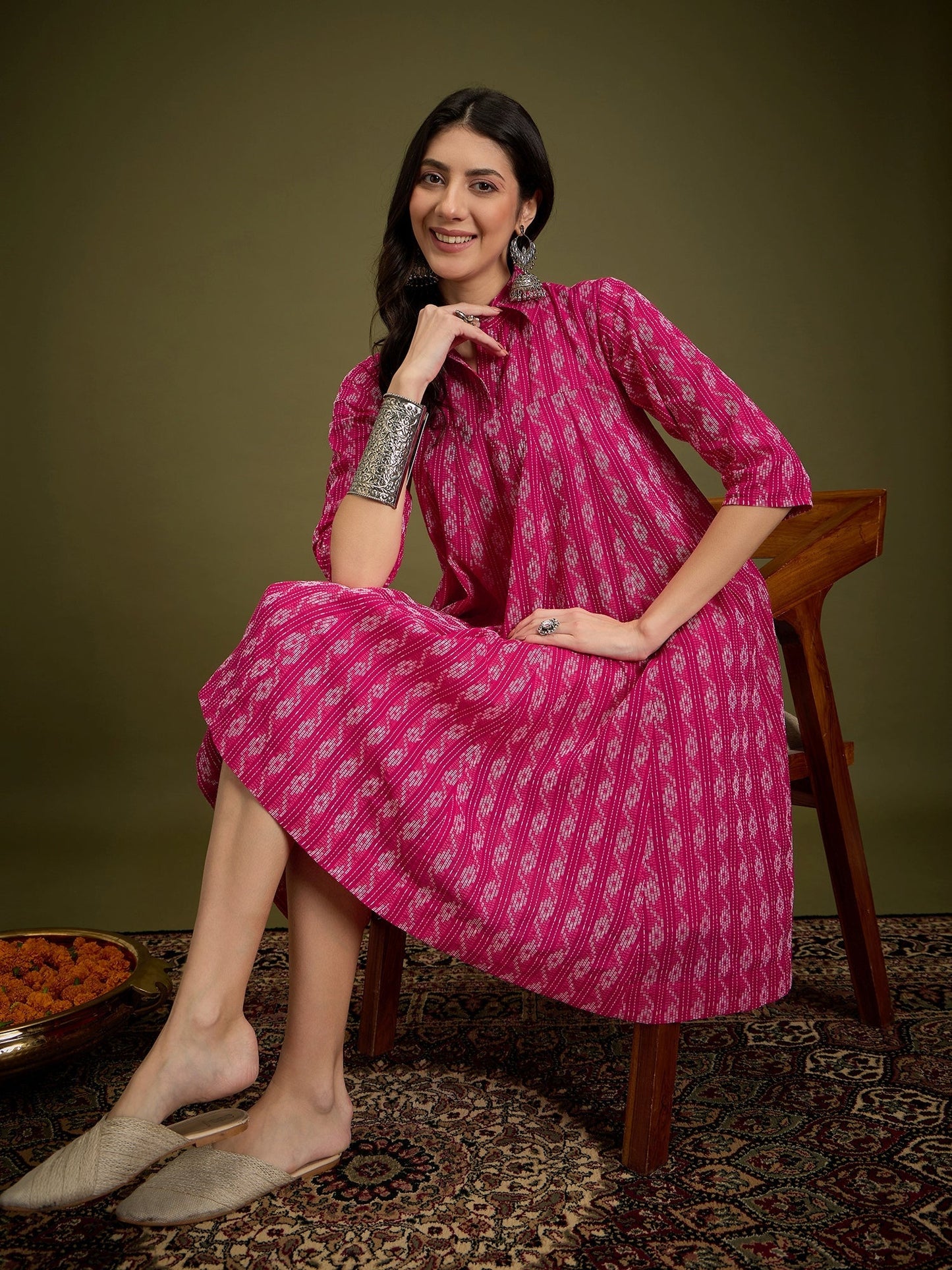 InWeave Fuchsia Ikkat Kantha Collar Flared Dress