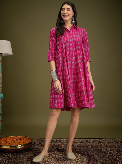 InWeave Fuchsia Ikkat Kantha Collar Flared Dress