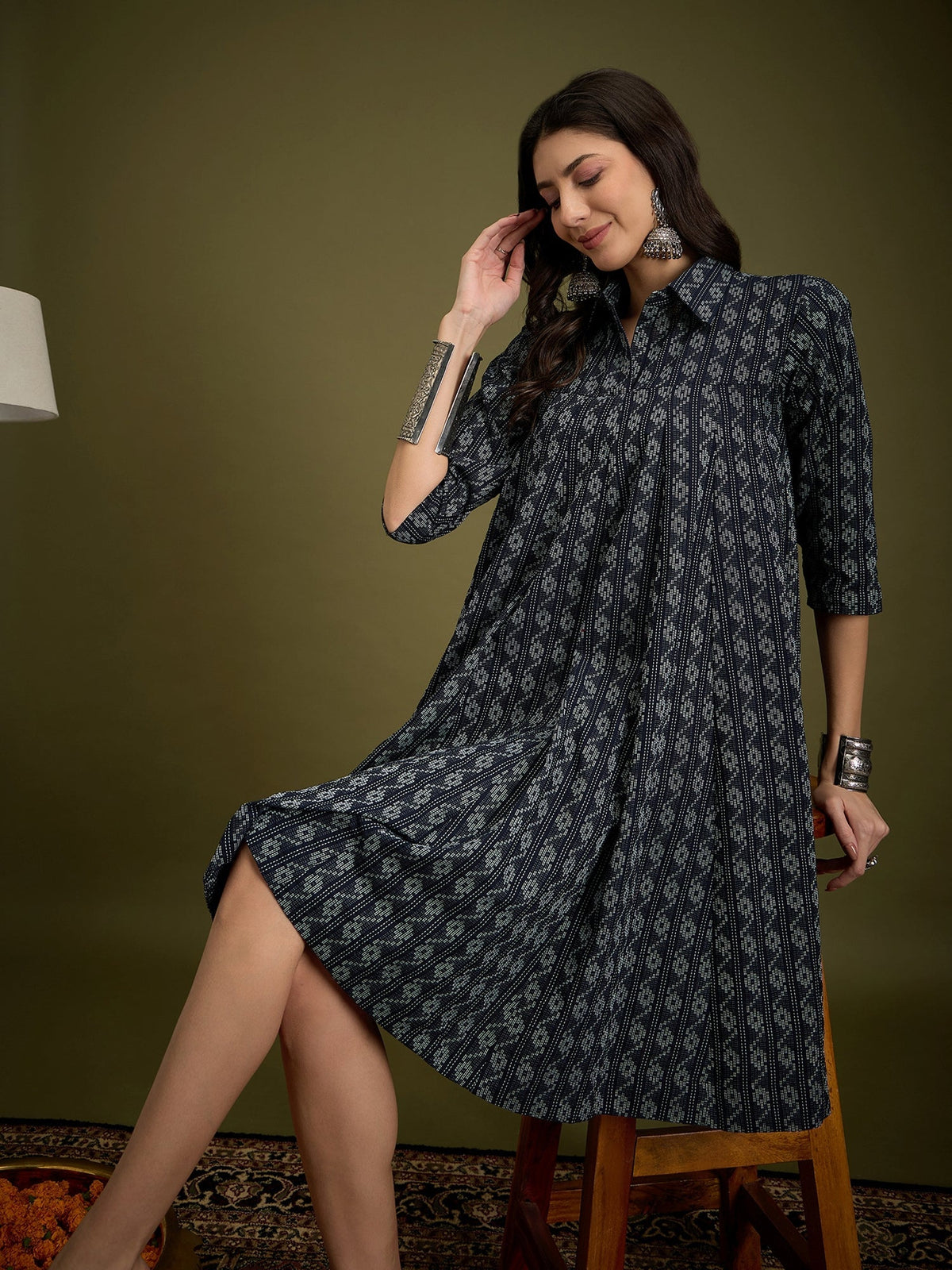 InWeave Black Ikkat Kantha Collar Flared Dress