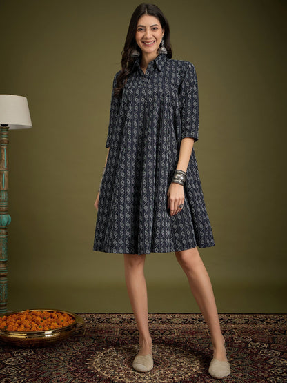 InWeave Black Ikkat Kantha Collar Flared Dress