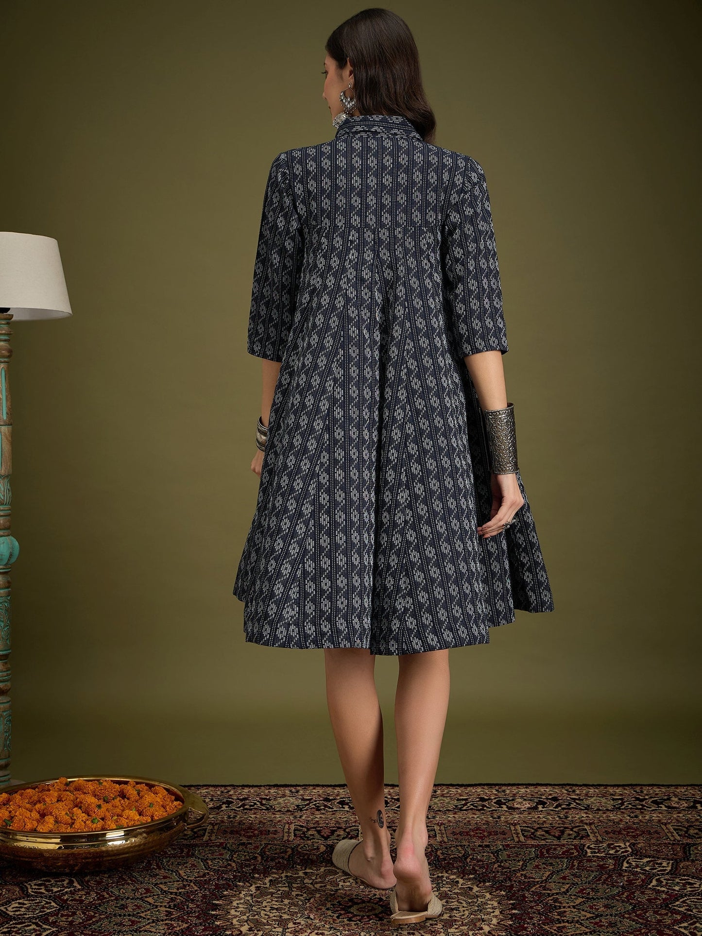 InWeave Black Ikkat Kantha Collar Flared Dress
