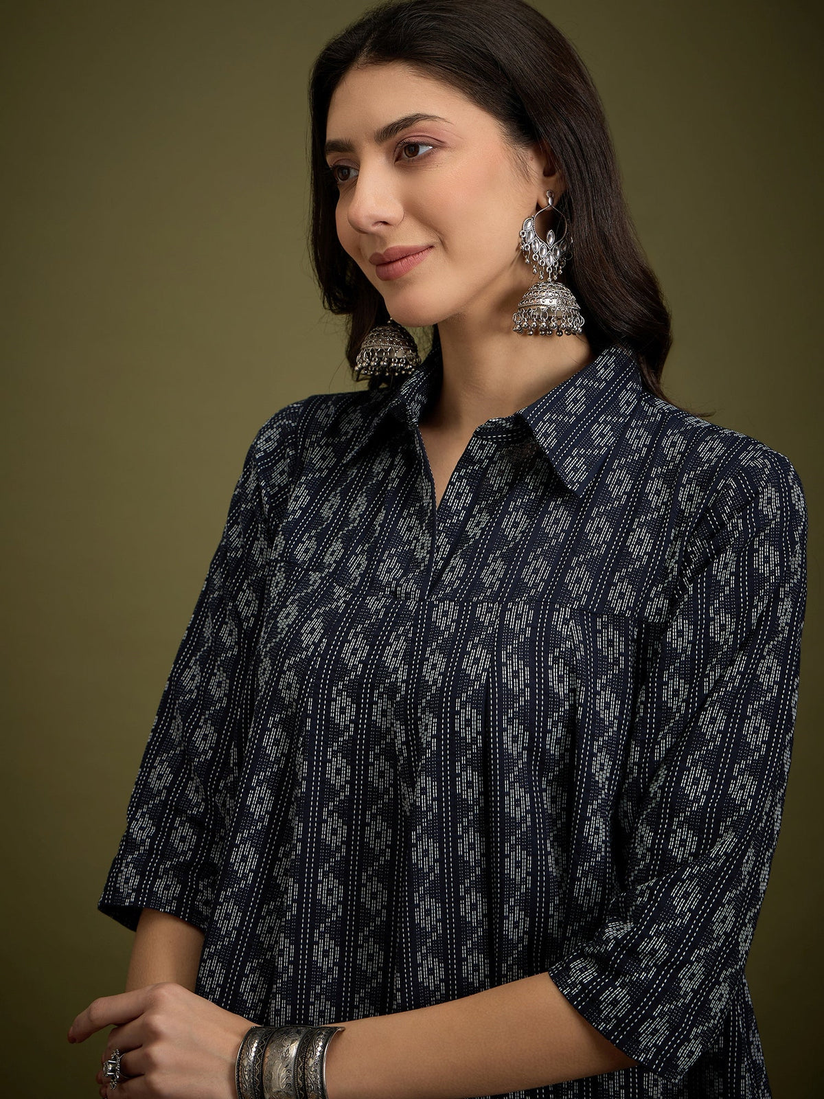 InWeave Black Ikkat Kantha Collar Flared Dress