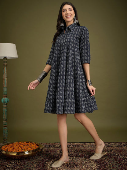 InWeave Black Ikkat Kantha Collar Flared Dress