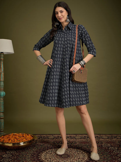 InWeave Black Ikkat Kantha Collar Flared Dress
