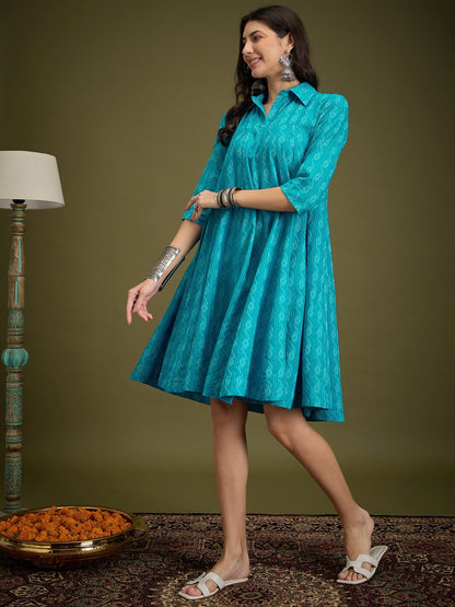 InWeave Cyan Blue Ikkat Kantha Collar Flared Dress