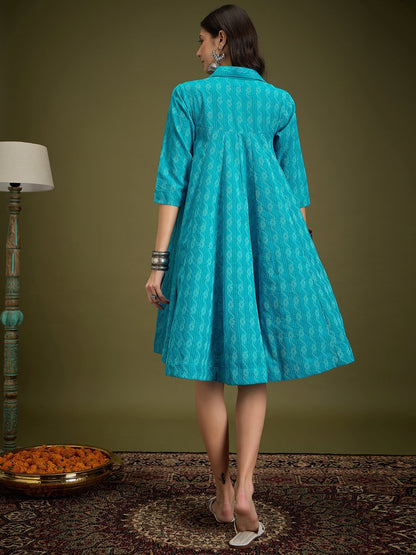 InWeave Cyan Blue Ikkat Kantha Collar Flared Dress