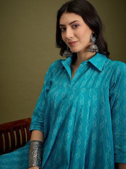 InWeave Cyan Blue Ikkat Kantha Collar Flared Dress
