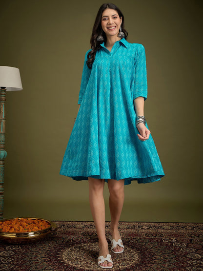 InWeave Cyan Blue Ikkat Kantha Collar Flared Dress