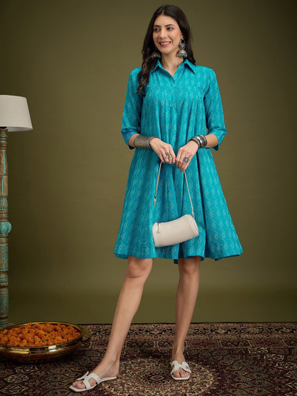 InWeave Cyan Blue Ikkat Kantha Collar Flared Dress