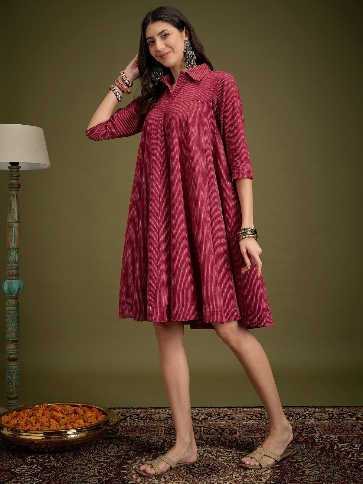 InWeave Maroon Kantha Collar Flared Dress