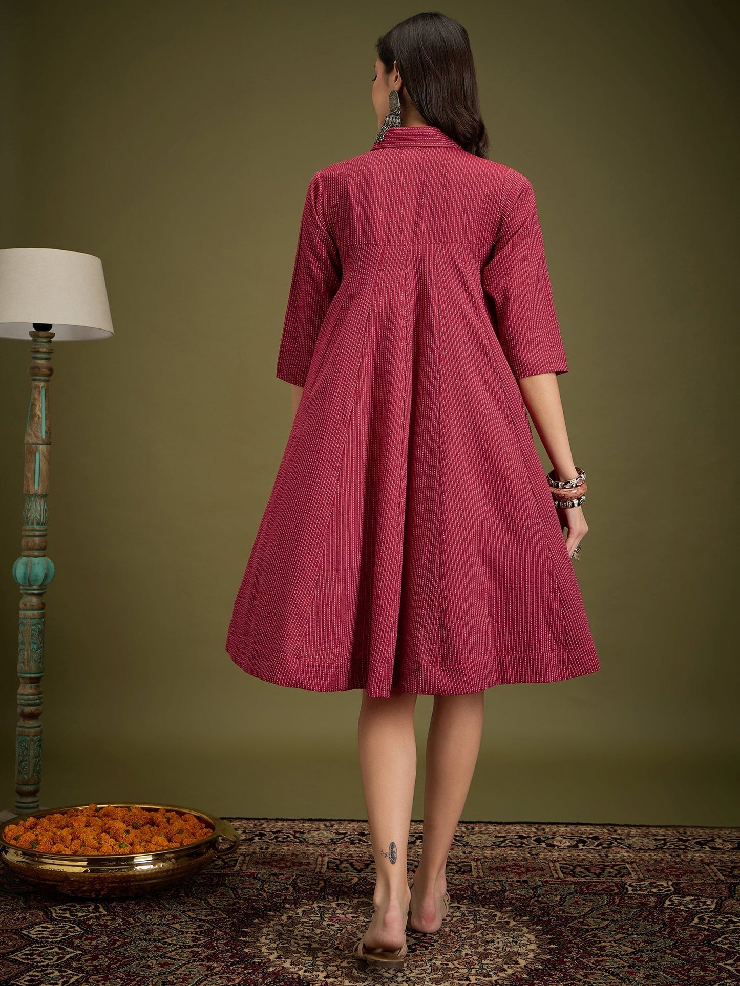 InWeave Maroon Kantha Collar Flared Dress