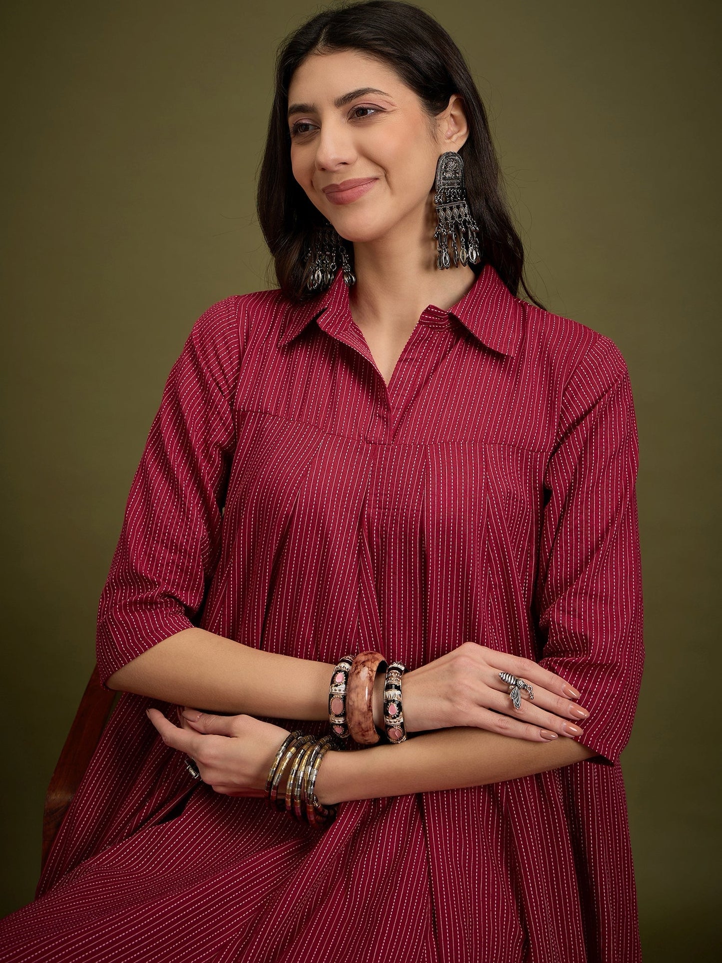 InWeave Maroon Kantha Collar Flared Dress
