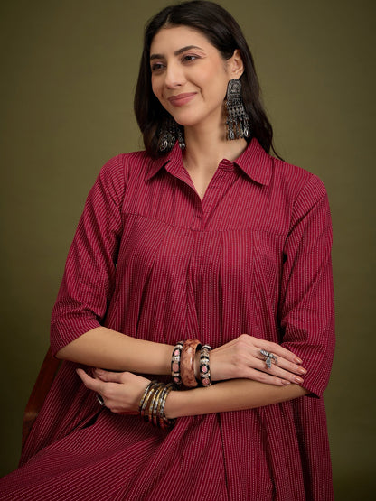 InWeave Maroon Kantha Collar Flared Dress