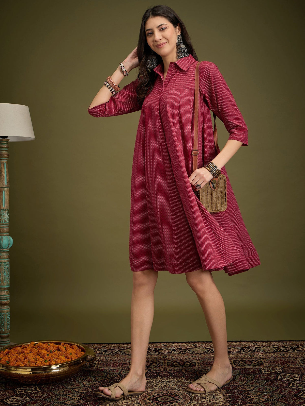 InWeave Maroon Kantha Collar Flared Dress
