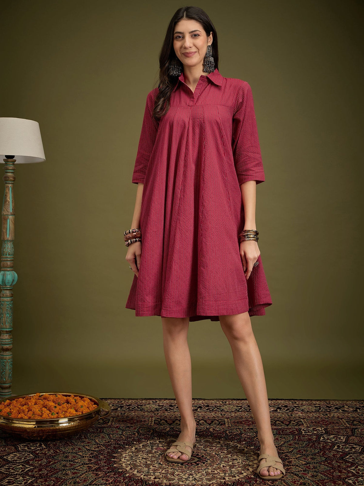 InWeave Maroon Kantha Collar Flared Dress