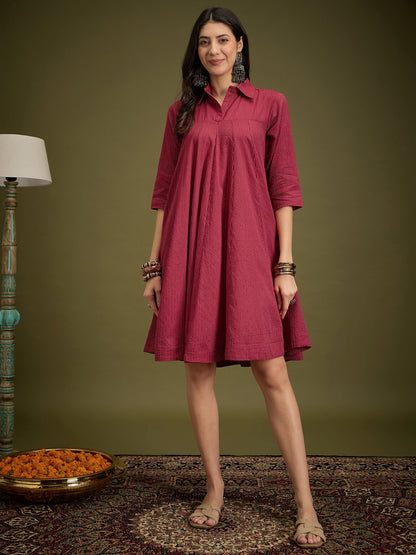 InWeave Maroon Kantha Collar Flared Dress