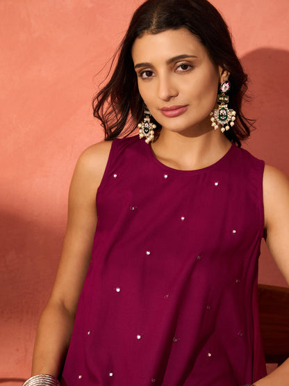 InWeave Wine Mirror Work Round Neck W/S Dress