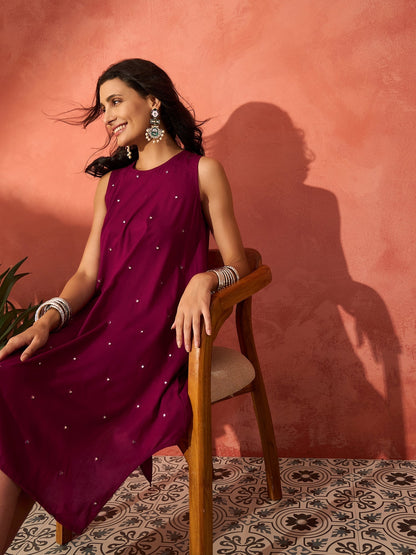 InWeave Wine Mirror Work Round Neck W/S Dress