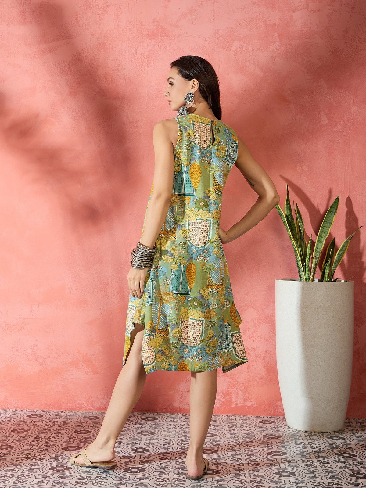 InWeave Pear Green Window Print R Neck Dress