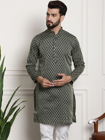 Sojanya Men Green & Beige Jacquard Silk Kurta