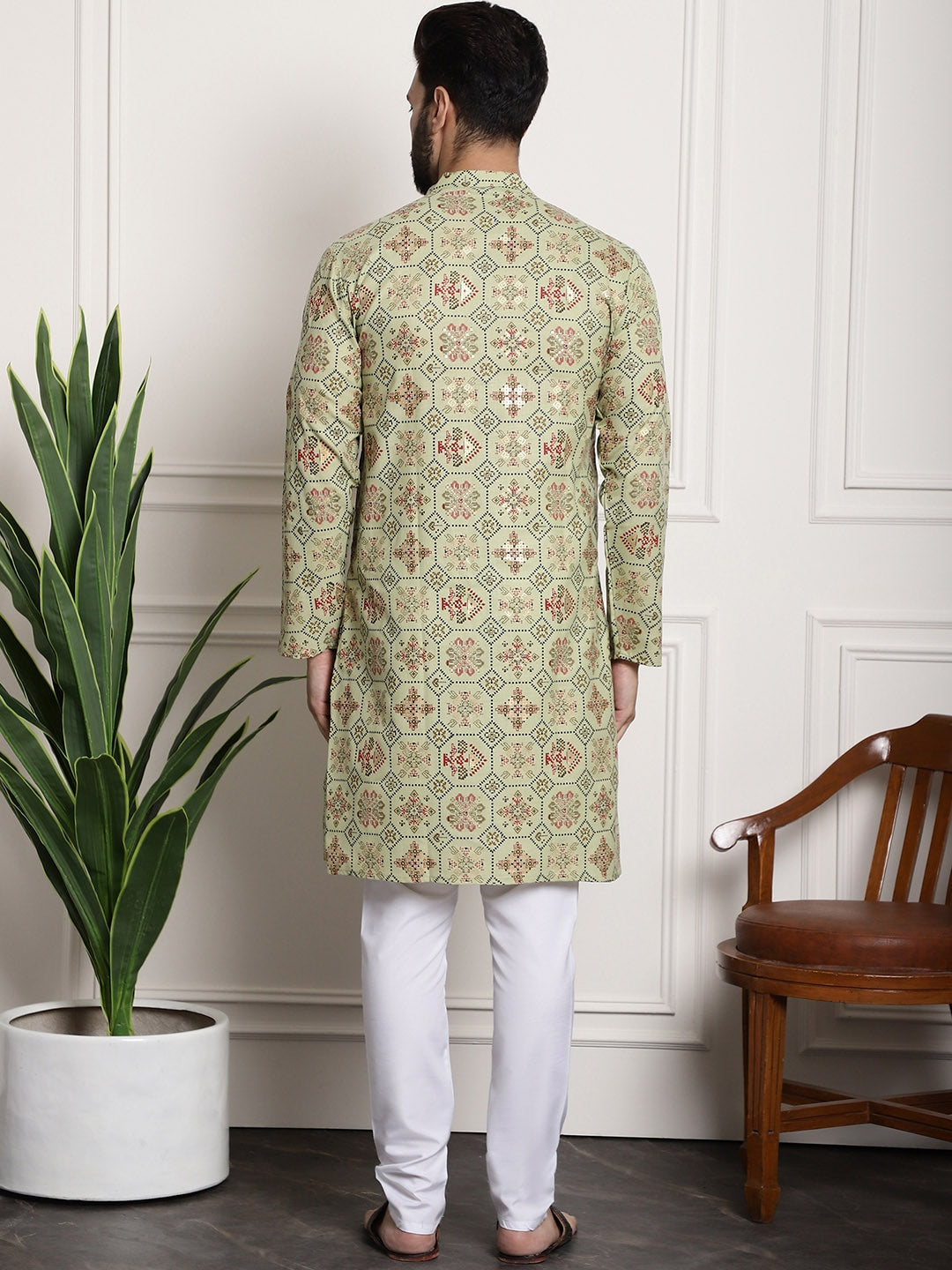 Sojanya Men Green Printed Cotton Linen Kurta with Churidar