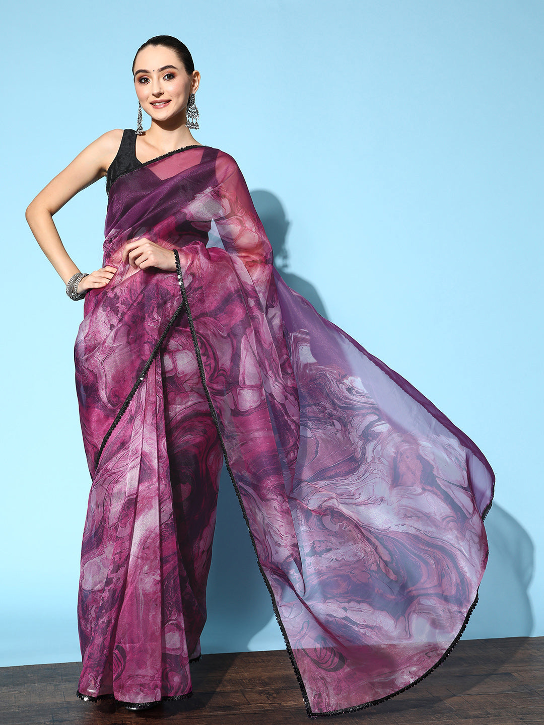 Tikhi Imli Purple & Grey Abstract Print Net Saree