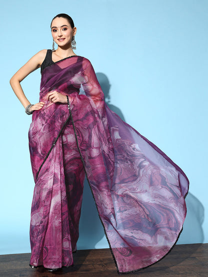 Tikhi Imli Purple & Grey Abstract Print Net Saree