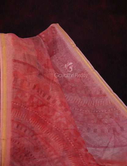 Peachish Orange Colour Abstract Print Semi Chanderi Saree By Gayathri Reddy Designer Studio