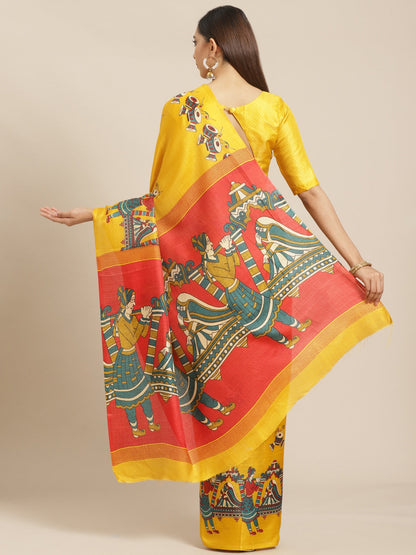 Saree Mall Mustard Yellow & Blue Printed Saree