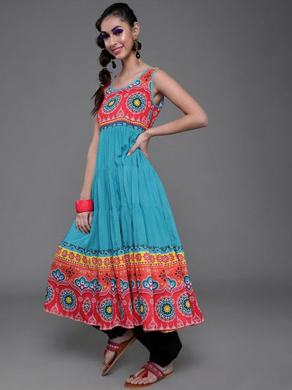 Aks Floral Printed Sleeveless Cotton Silk Anarkali Kurta