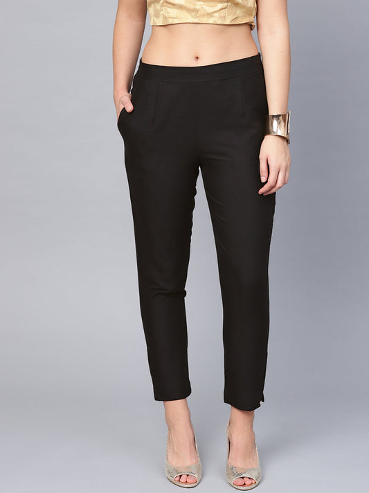 Juniper Women Black Cotton Flex Solid Slim Fit Pant/Slim Pant