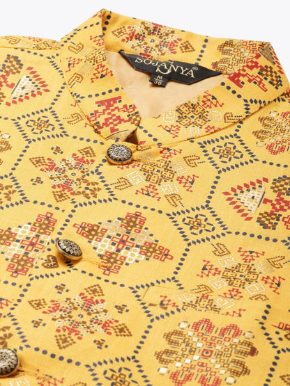 Sojanya Men Mustard Yellow Kurta with Churidar & Nehru Jacket