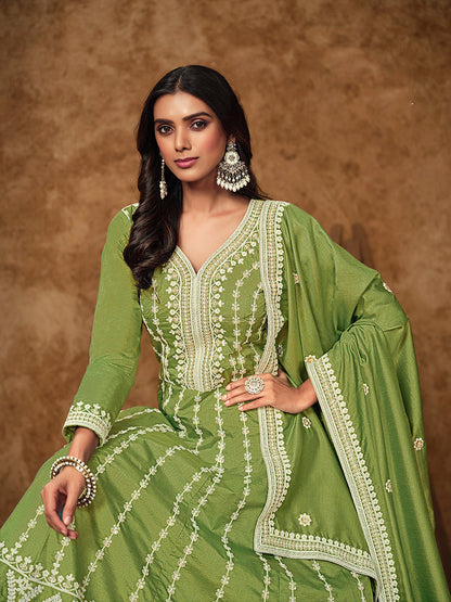 Monjolika Fashion Green Color Embroidered Santoon Silk Salwar Suit