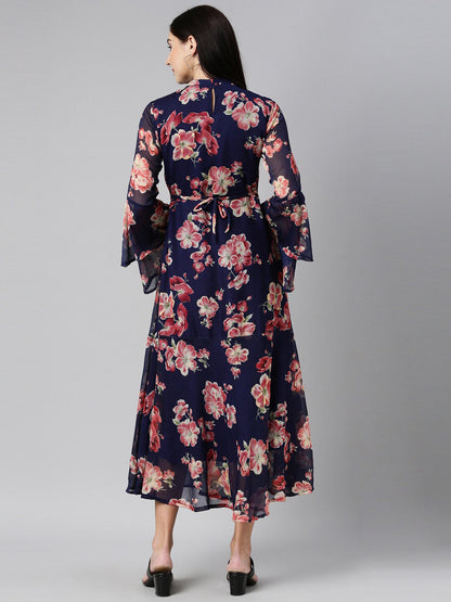Souchii Floral Printed Round Neck Midi Dress