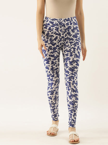 Souchii Women White & Blue Printed Slim-Fit Ankle-Length Leggings