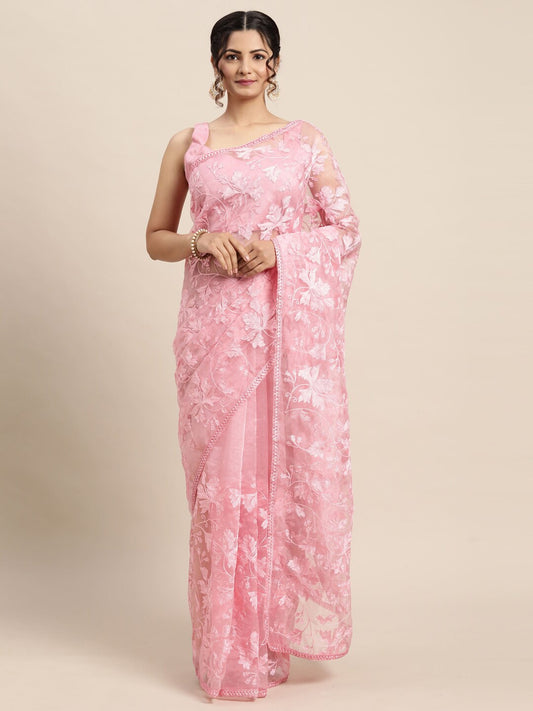Saree Mall Pink Floral Embroidered Organza Sarees