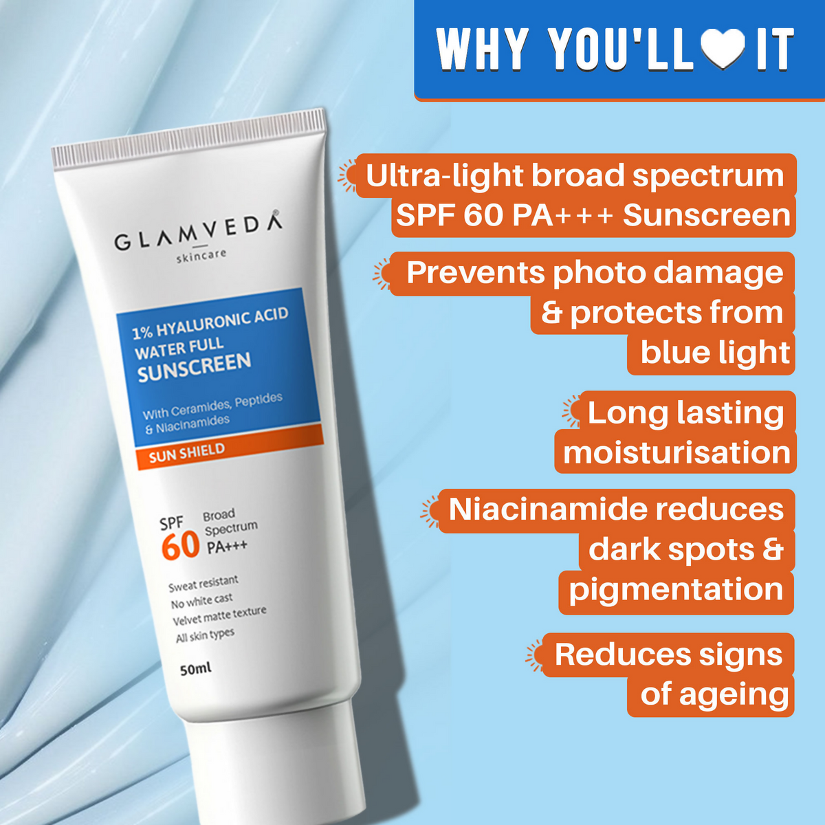 Glamveda 1% Hyaluronic Acid Water Full Sunscreen SPF 60 PA+++