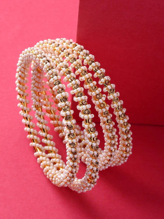 Gold-Polished Alloy Pearl And Rhinestones Studded Bangle Set - The Pari