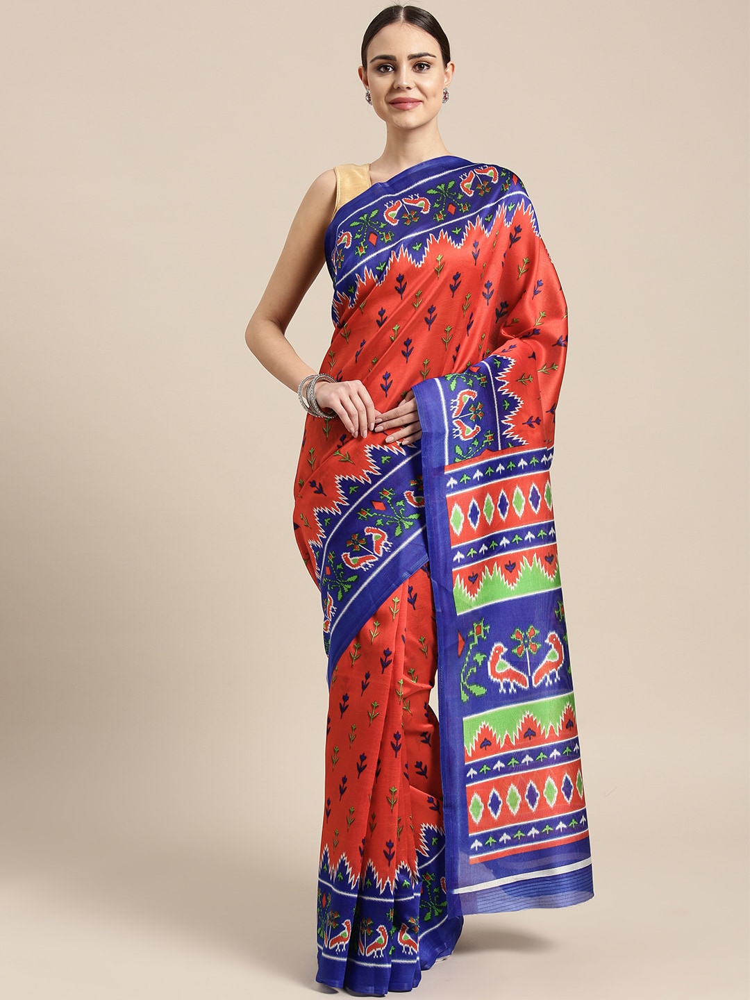 Saree Mall Red & Blue Printed Bhagalpuri Saree