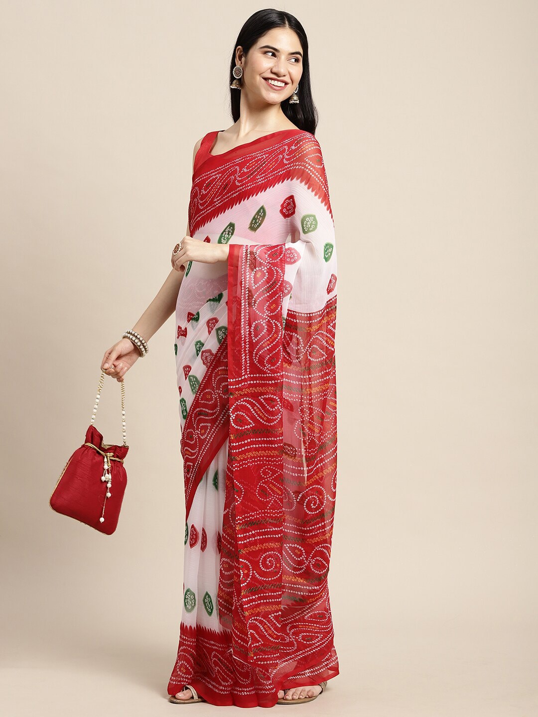 Saree Mall White & Red Printed Bandhani Sarees