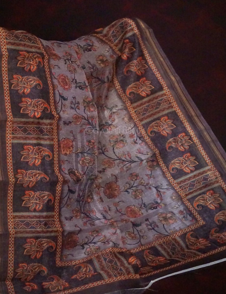 Baby Brown Mix With Pink Floral Design Printed Semi Chanderi Saree By Gayathri Reddy Designer Studio
